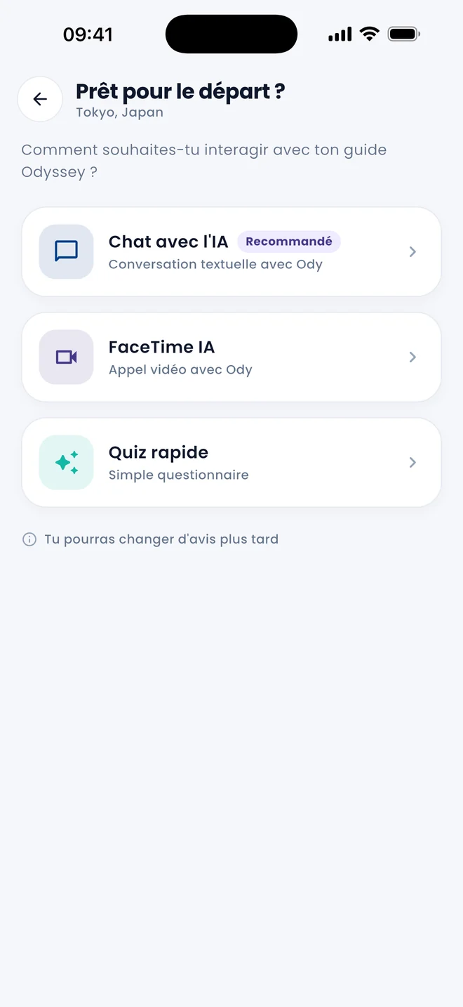 Choix du mode : discussion, appel vidéo ou quiz